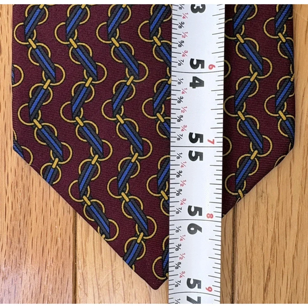 Ted Lapidus Silk Tie Made in USA Burgundy Blue Gold Chain Equestrian 3.75